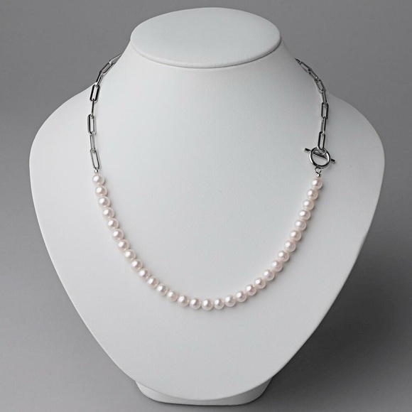 Freshwater pearl half chain necklace 6.5-7.0mm Allergy Free Stainless Steel - Picture 1 of 8